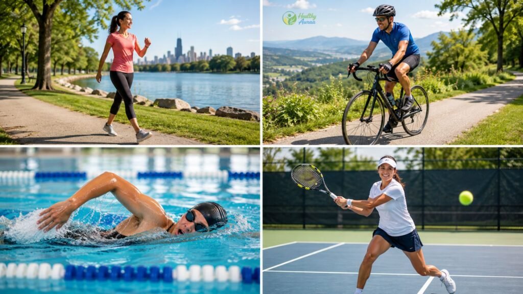 Walking cycling swimming and tennis for heart health